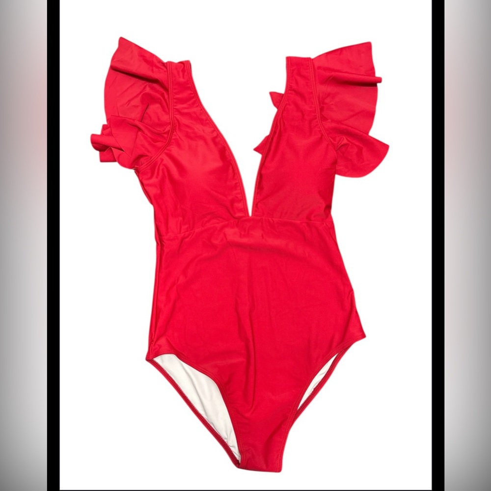 Women Ruffled Trim Swimsuit 1 Piece Tummy Control V Neck Bathing Swimwear F16